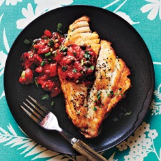 Pan-Roasted Fish with Mediterranean Tomato Sauce Recipe | MyRecipes.com