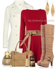 "Beige Buckle High Heel Boot & Red Long Sleeve Dress" by casuality on Polyvore