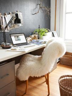 I first saw this on the Design Sponge blog.  I want an office with as much natural light, organic decor, and as effortlessly chic as Emma Reddington's (from the blog Marion House Book).  I am working on covering a chair with fur.