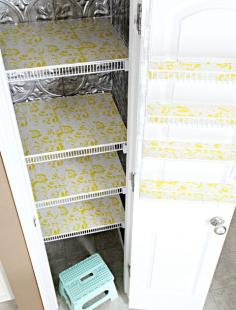 IHeart Organizing: Kitchen Pantry Update: Part 1 - line those troublesome wire shelves with foamboard covered with drawer liner paper @Jen Jones