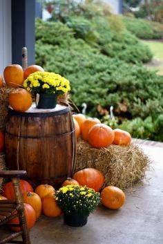outside fall decor....Idea to note: could use a turned over 1/2 whiskey barrel to use as elevation for mums & pumkins