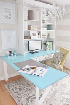 pretty office - love the blue tabletops