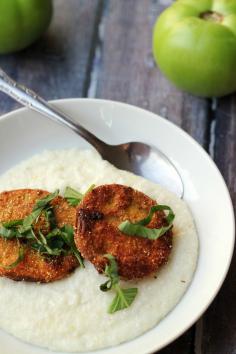 Two southern delicacies combine to make one awesome summer meal in this bowl of fried green tomatoes with goat cheese basil grits.