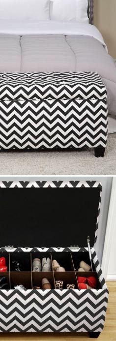 Chevron Upholstered Shoe Storage Bench // Black  White