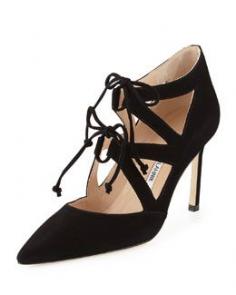 S06V6 Manolo Blahnik Asaki Double-Tie Suede Pump, Black | FW 2014 | cynthia reccord