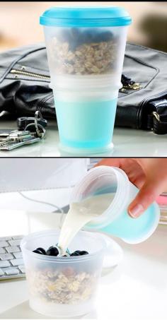On-the-go milk  cereal container. I need this!