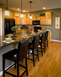 Model Kitchen with Oak Cabinets - like the paint color - gray/green