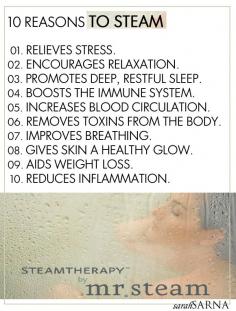 Splendor in the Bath. 10 Reasons to Steam, via a facial, steam room, or steam bath.