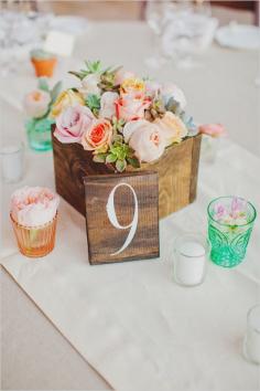 Rose and succulent flower box centerpiece with wooden table number. Floral Design: Posh Petals ---> www.weddingchicks...