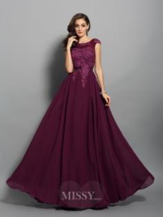 A-Line/Princess Chiffon Scoop Sleeveless Long Dresses with Applique