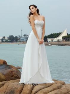 A-Line/Princess Sweetheart Chiffon Sleeveless Floor-Length Beach Wedding Dresses with Beading