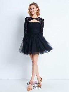 A-Line High Neck Long Sleeves Short Net Dress with Lace