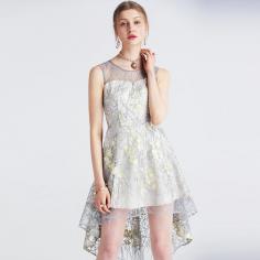 2017 Latest Mesh Embroidery Fashion Women Asymmetrical Party Bridesmaid Dress