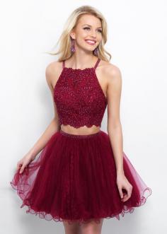 Cute Lace Beaded Halter Two Piece Criss Cross Back Sangria Homecoming Dress