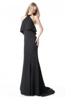 Hot Sale Jersey Halter Beck Open Back Fitted Black Prom Gown with Ruffles