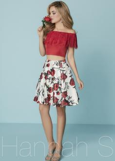 Lovely Red Lace Off The Shoulder Two Piece Rose Printed Homecoming Dress