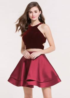 High Neck Two Piece Velvet Crop Top Layered Wine Red Homecoming Dress