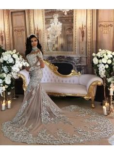 $339  2017 High-Neck Lace Long-Sleeve Mermaid Luxury Silver Wedding Dresses