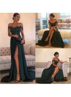 2017 Elegant Long Split Floor-Length Off-the-Shoulder Lace Evening Dress