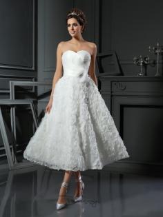 A-Line Sweetheart Satin Tea-Length Bowknot Wedding Dresses