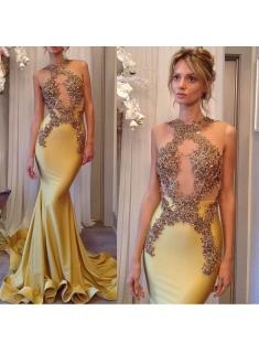 $159 Sexy Mermaid Sleeveless Prom Dresses 2018 Appliques Jewel Sweep Train Evening Gowns