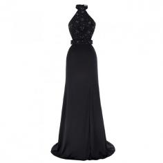 Fashion High Halter Neck Beaded Lace Appliques Black Prom Evening Dress [ES1706] - $136.99 :