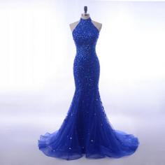 Luxury Sequin Crystals Long 2018 Royal Blue Halter High Neck Mermaid Prom Dress [PS1707] - $198.99 :