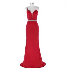 Sexy Spaghetti Straps Sweetheart Sheer Insert Red Evening Dresses With Beaded Belt [ES1708] - $138.99 :
