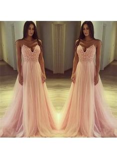 $159 Spaghetti Straps V-neck Pink Prom Dress Cheap 2018 Lace Tulle Sleeveless Sexy Evening Gown