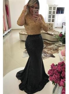 $179 Shiny Black Sequins Evening Gowns Mermaid Gold Beads Appliques Long Sleeve Prom Dress 2018