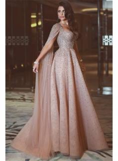 $399  Sexy Full Beads Sequins Open Back Evening Dresses Luxurious Pink Prom Dress with Cape Sleeves 