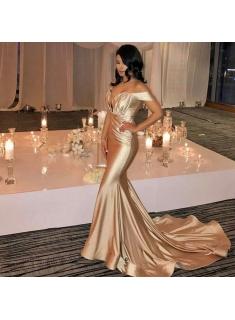 $139 Off The Shoulder Champagne Gold Sexy Prom Dresses 2018 Mermaid Lates Popular Evening Gown