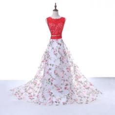 Hot Sale Red Lace Scoop Neck Keyhole Back Floral Printed Two Piece Prom Dress 2017 [PS1702] - $148.99 :