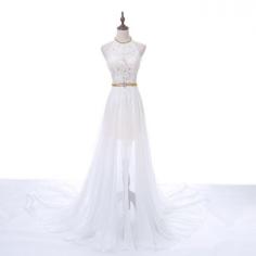 Fashion Long White Beaded Lace Halter Neck Evening Prom Formal Dress With Silt [PS1703] - $136.99 :