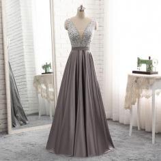 2018 Long Deep V Neck Sheer Insert Beaded Bodice Grey Stain Evening Prom Dress [PS1719] - $138.99 :