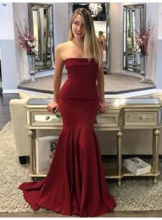 $99 Simple Strapless Burgundy Prom Dresses 2018 Mermaid Evening Gowns