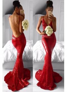 $114 Sexy Red Deep V-Neck Mermaid Prom Dresses 2018 Backless Sequined Evening Gowns