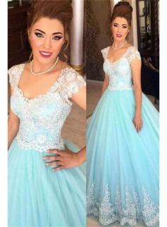 $161 Baby Blue Lace Cap Sleeves Evening Dress 2017 Princess Tulle Formal Ball Dress BA7241