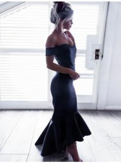 $119 sexy Black Off-the-Shoulder Hi-Lo Prom Dresses 2018 Mermaid Simple Evening Gowns