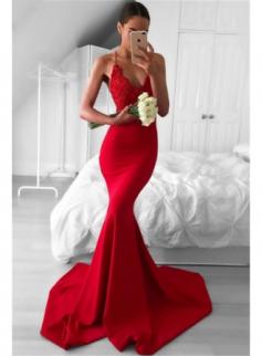 $146 Spaghetti Straps Deep V-neck Red Evening Dresses 2018 Mermaid Sexy Prom Dress BA7034