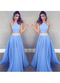 $159 Sleeveless Sheer Back Sexy Formal Dresses Cheap 2017 Blue Crystals Beads Belt Evening Gowns