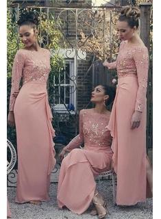 $129 Bateau Long Sleeve Bridesmaid Dresses Cheap 2018 Pink Chiffon Long Sexy Dress for Maid of Honor