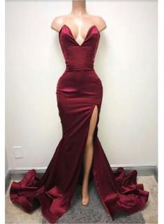 $99 Sweep Train Sleeveless Evening Dress Burgundy Front Split Sexy Sweetheart 2017 Prom Dress