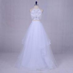 Fashion Two Piece White Beading Top Halter Neck Tulle Long Graduation Prom Dress [PS1716] - $138.99 :