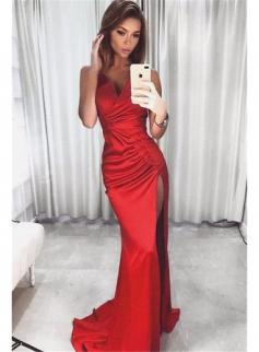 $99 V-neck Side Split Formal Ball Dress 2018 Red Sexy Straps Evening Dress