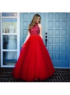 $159 Glamorous Red A-line High Neck Evening Dresses 2018 Crystal Sleeveless Tulle Prom Dresses