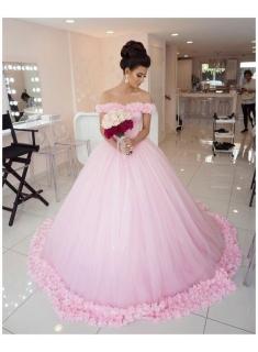$299 Chic Pink Off The Shoulder Evening Dresses 2018 Ball Gown Flowers Puffy Wedding Dresses