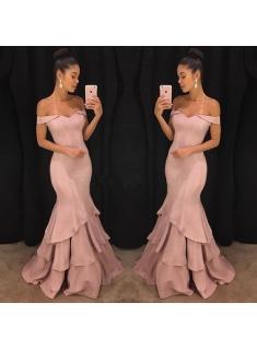$139 Pink Off-the-Shoulder Mermaid Prom Dresses 2018 Tiered Simple Evening Gowns