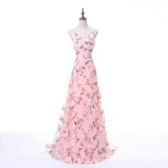 Fashion Long Straps Deep V-Neck 3D Floral Print Blush Pink Long Prom Dress [PS1718] - $128.99 :