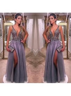 $169 Gorgeous V-Neck A-line Prom Dresses 2018 Sleeveless Crystal Side Slit Evening Dresses